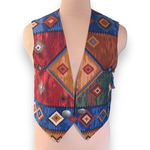 Vintage 90s Coldwater Creek Southwestern Tapestry Vest Concho Buttons Medium - Picture 2 of 10